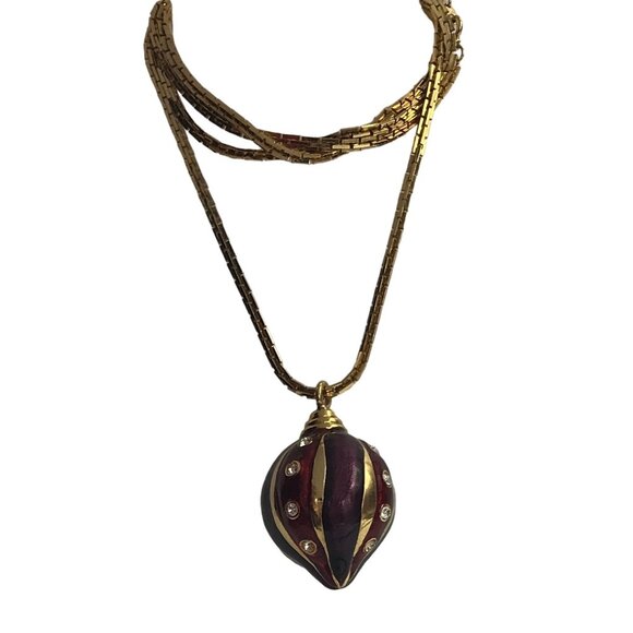 Gold Tone Red Purple Green Enamel Clear Rhinestone Orb Ornament Pendant Necklace - Picture 1 of 6